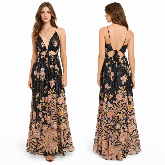 Anthropologie Dresses & Skirts - BY ANTHROPOLOGIE Cutout Maxi Dress Womens Medium Black Boho Metallic Resort